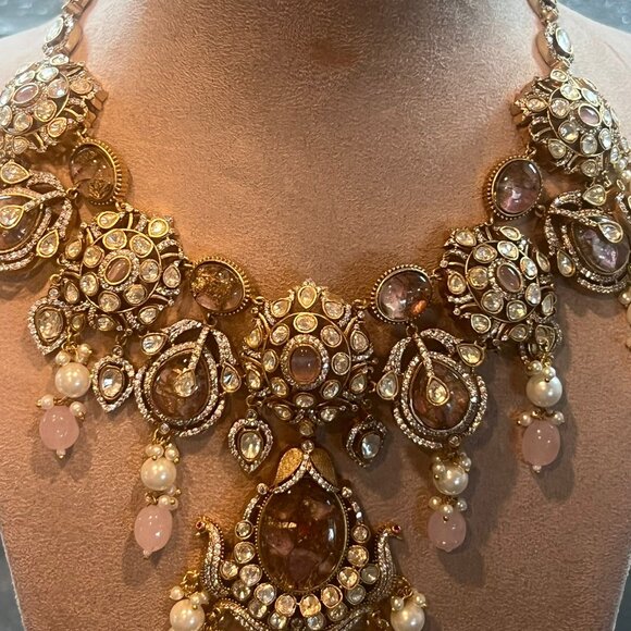 Kundan Polki Choker Necklace Set: Indian Bridal Jewelry with Pearl Drops - Picture 11 of 16